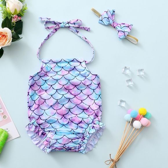 🔥NWT Pretty Baby Girl Mermaid Print Halter Neck Romper/Swimsuit w/ Headband!